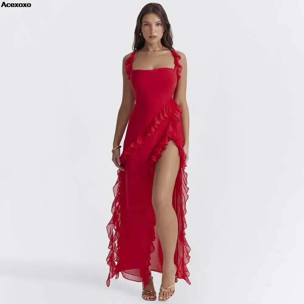 

This machine new women's fashion casual irregular design spice red chiffon sexy split dress