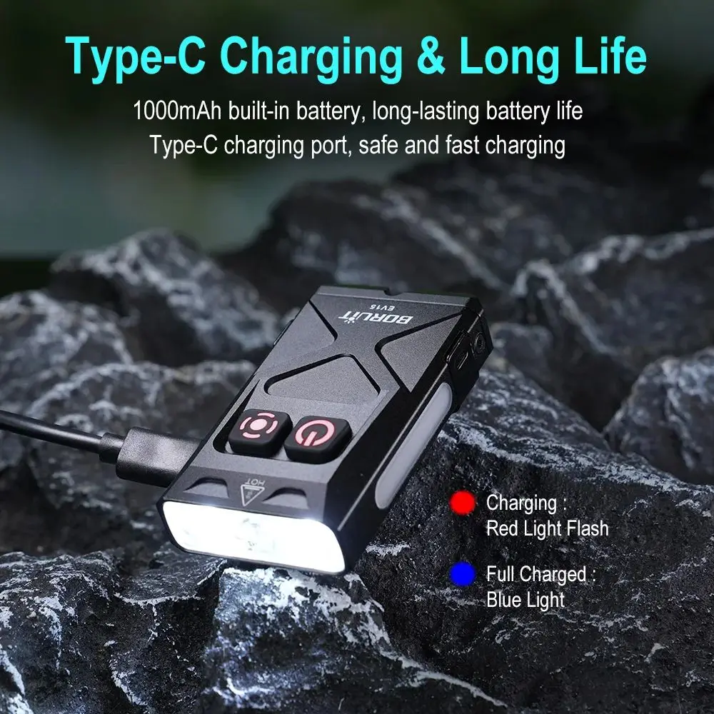 BORUiT EV15 LED UV EDC مصباح يدوي سلسلة مفاتيح مغناطيسية ضوء العمل نوع-C قابلة للشحن الشعلة قبعة كليب مصباح التخييم جيب فانوس
