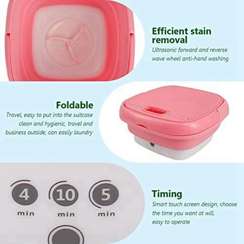 Pink Portable Travel Washing Machine, Mini Folding Washing Machine Combo With Small Collapsible Drain Basket