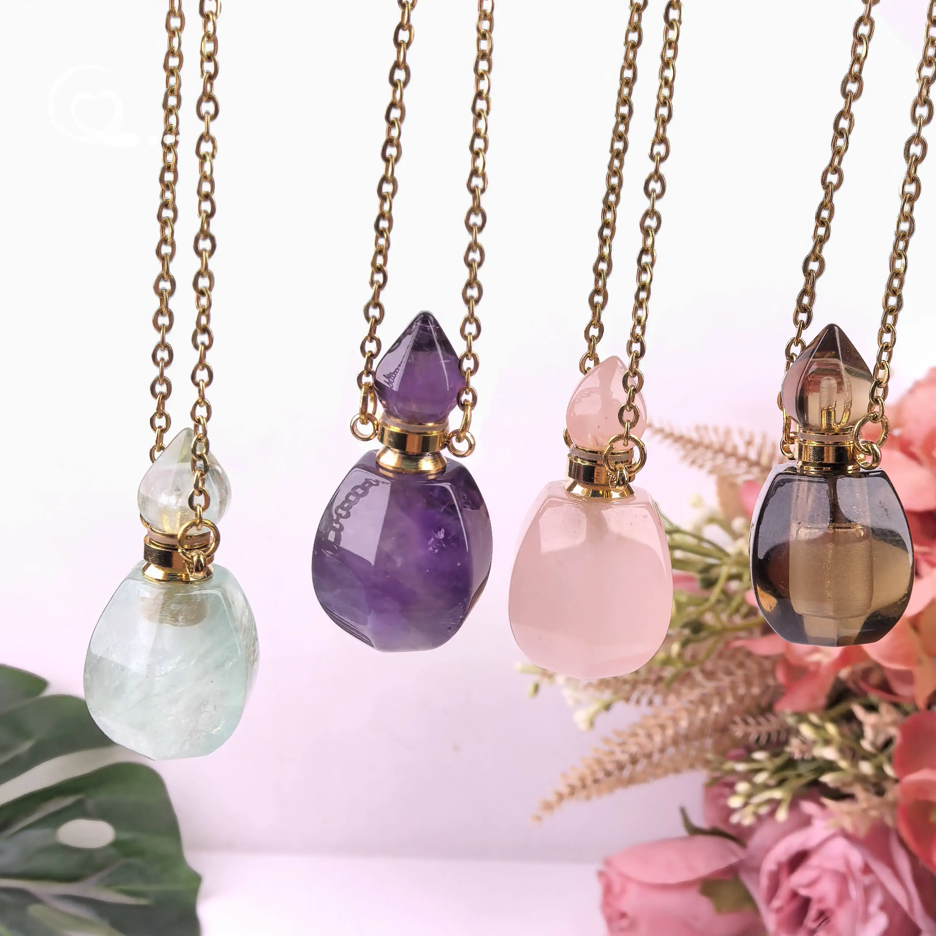 

Fluorite Amethyst Perfume Bottle Pendant Chain Healing Crystal Quartz Essential Oil Diffuser Vial Charms Necklace Jewelry QC1178