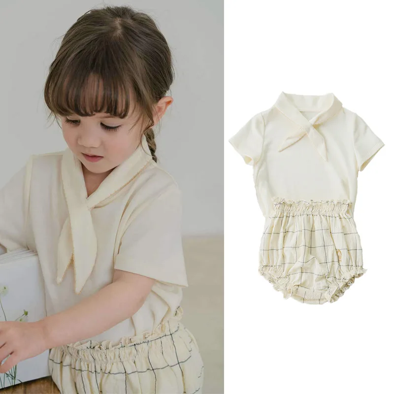 

RomperDew Summer Baby Girls Short-sleeved Ultra-thin Cotton Rabbit Ears T-shirt Cross Bow Tie Boys and Girls Cream Tops
