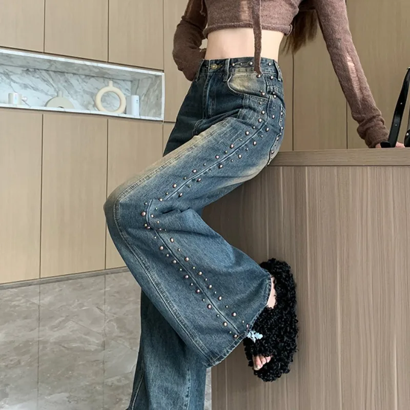 

Blue Washed Rivet Straight High WaistJeans For Women American Retro Fashion Loose Wide Leg Pants Harajuku Hip Hop Trousers