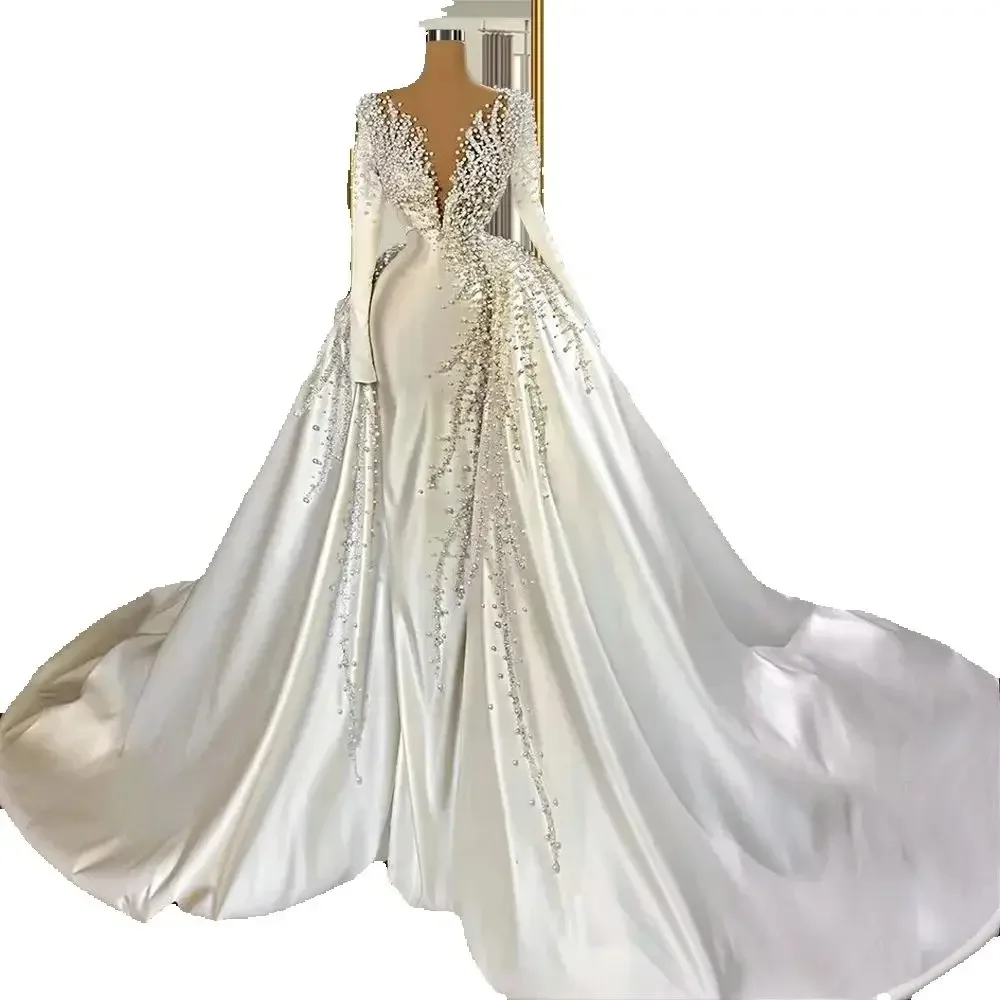 Maßgeschneidertes Afrikanisches Hochzeitskleid mit Langen Ärmeln, Vollbesetzt mit Perlen und Abnehmbarer Schleppe, Satin, Übergröße, Vestido De Novia