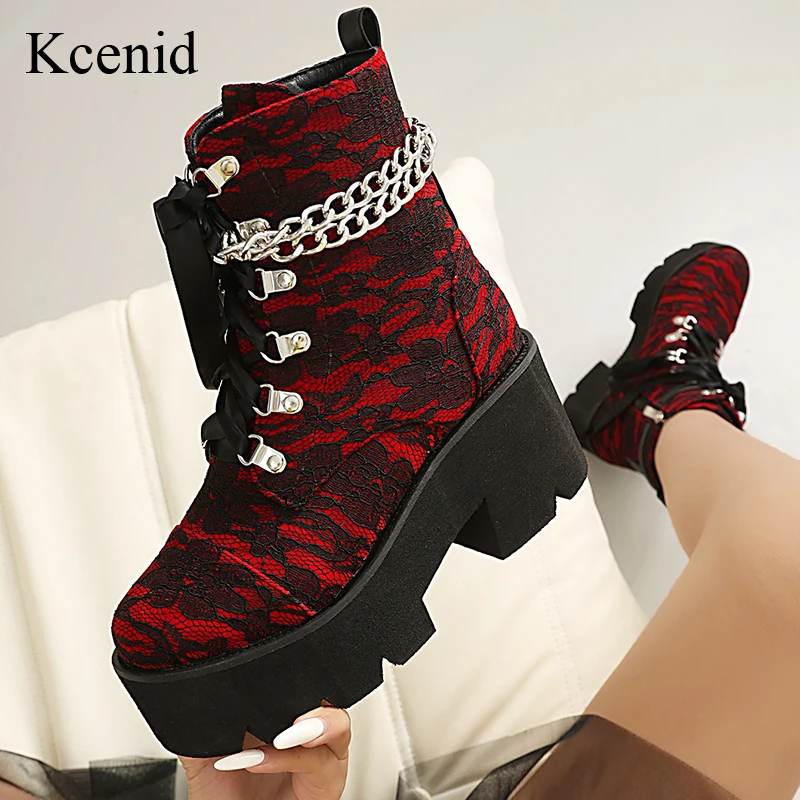 

Kcenid Red Lace Ankle Boots For Women Winter High Heels Plus Size 43 Short Booties Shoes Woman Motorcycle Boots Fashion Chain