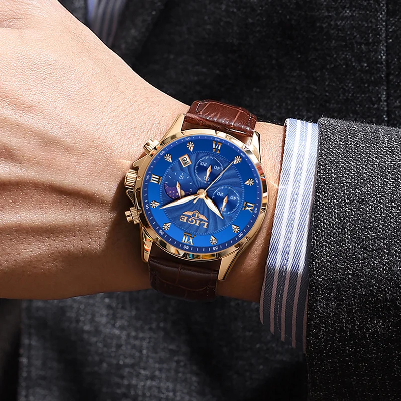 Lige-メンズレザーストラップ,クォーツ時計,耐水性,ムーンフェイズ,日付,クロノグラフ,時計,スポーツ,新しいファッション