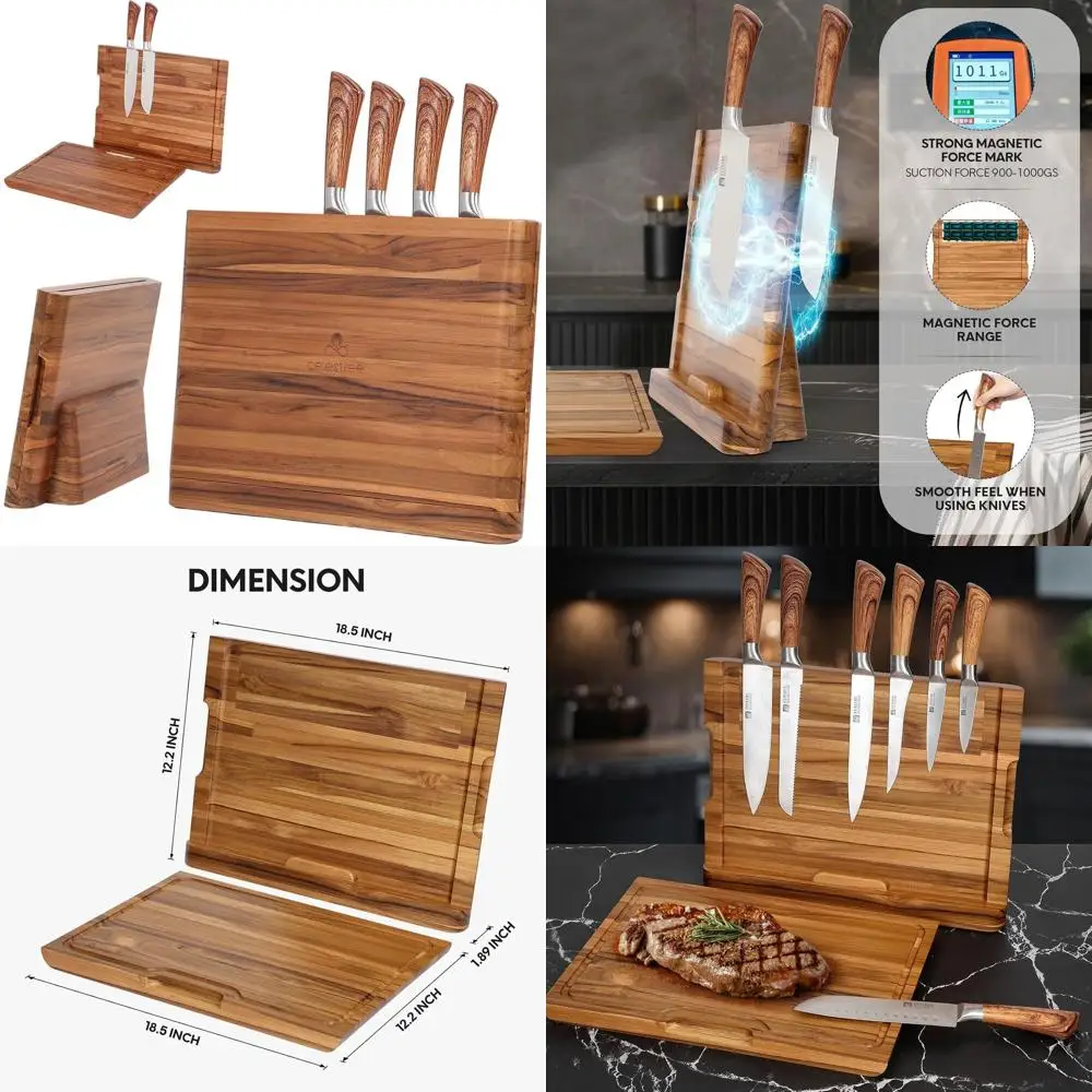 

Premium Teak Wood 2-in-1 Magnetic Knife Block & Cutting Board for Large Kitchens, Strong & Space-Saving