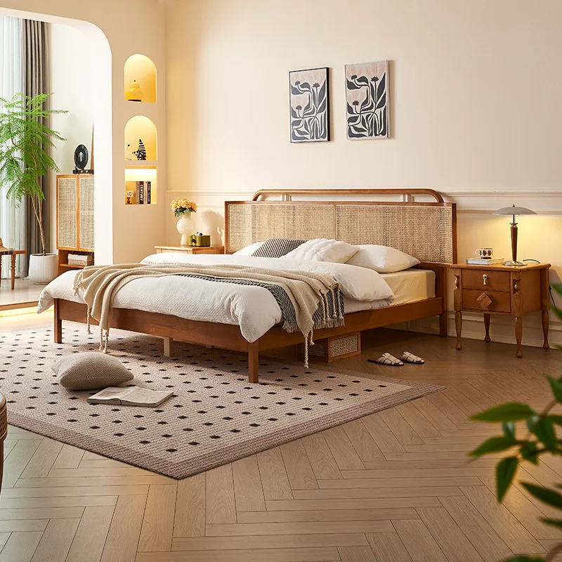 

Rattan bedside characteristic solid wood bed modern simple 1.5 meters single bed new Chinese Nordic bedroom retro queen bed