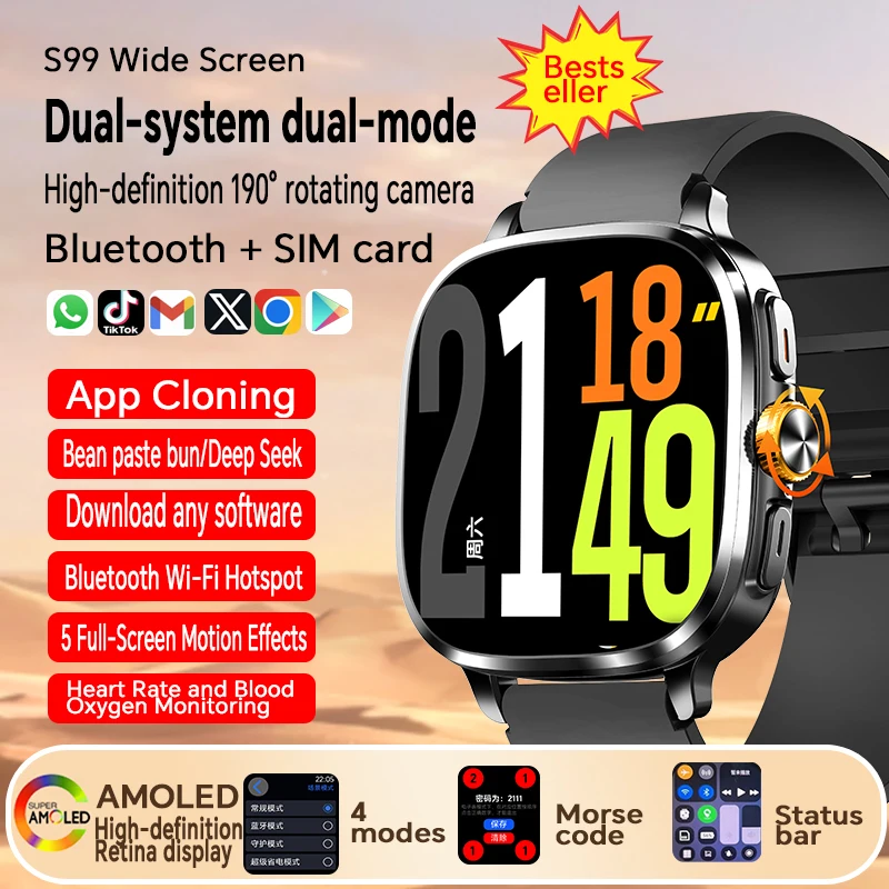 

5G Celluler Version S99 Smartwatch Android Smart Watch With 190° Rotating Camera NFC Compass IP67 Waterproof Google Play Store