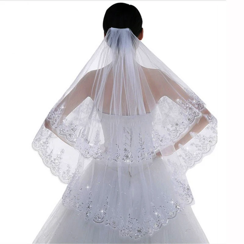 

Short Sequined Wedding Veil With Comb Two Tier Veil Lace Trim Veil Customized