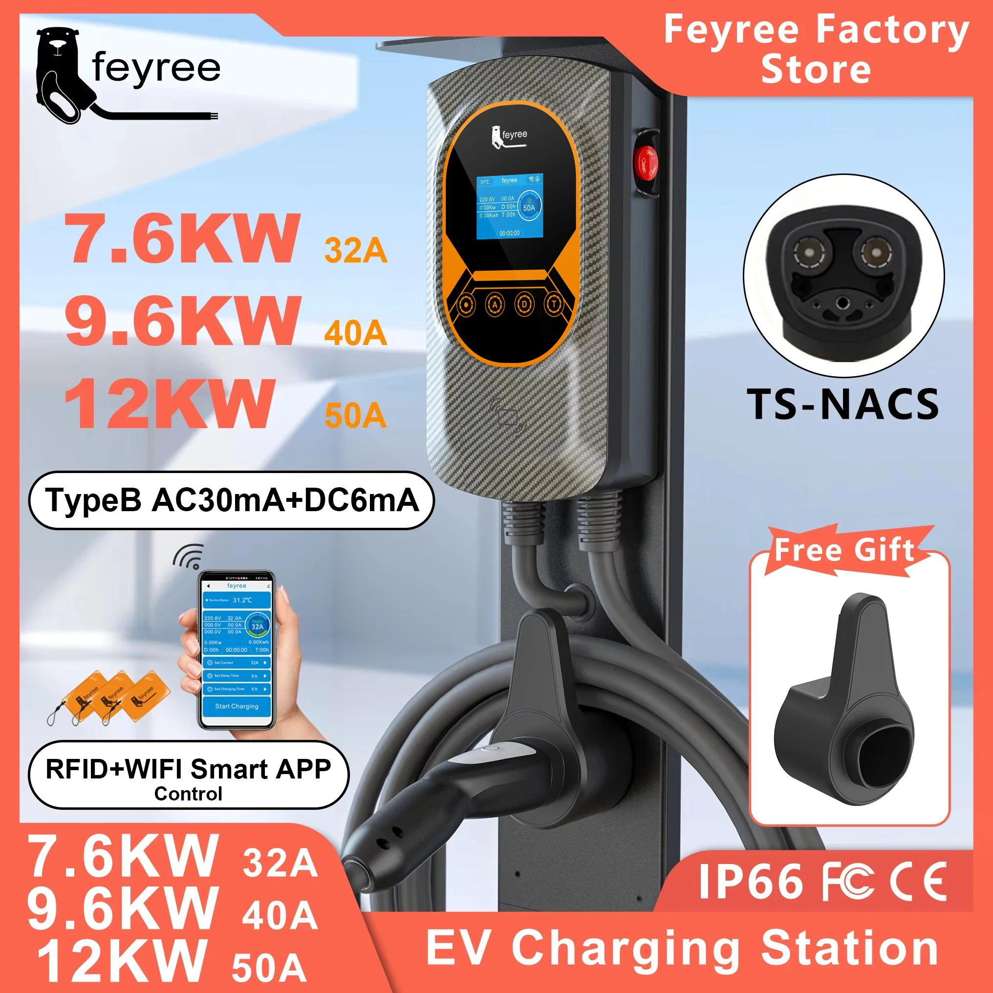 feyree EV Charging Station Tesla NACS EVSE Wallbox 32A 7.6KW 40A 9.6KW 50A 12KW 1Phase 5M APP Control for Electric Vehicle Car