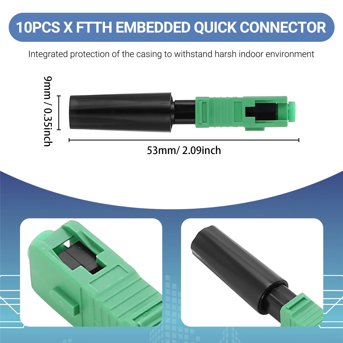 ABYA 10pcs Ftth Embedded Quick Connector SC/ Green Plastic Fiber Optic Connector
