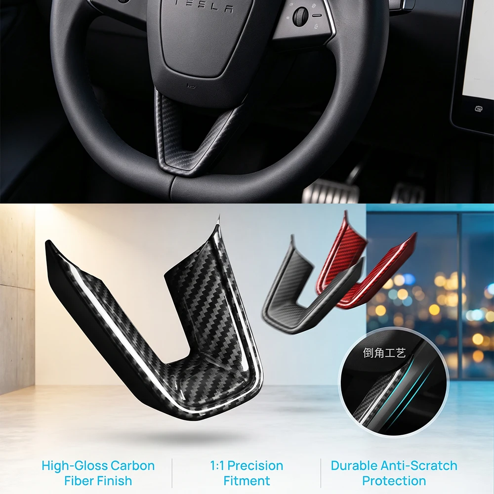 Steering Wheel Patch for Tesla Model 3 Y YL Juniper Highland 2025 2026 U-shaped Protective Cover Trim Sticker ABS Carbon Fiber