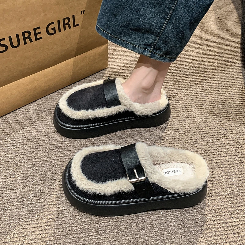 Shoes Woman 2024 House Slippers Platform Cover Toe Fur Flip Flops Pantofle Plush New Slides Fur Shoes Womens Slippers Outdoor Pa