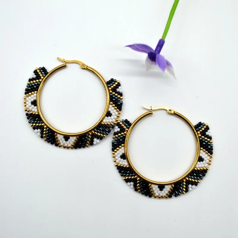 Rice bead earrings Circle Originality Rainbow Bohemia Design Geometry Hand knitting Alloy Female Fashion Simple Beaded earrings