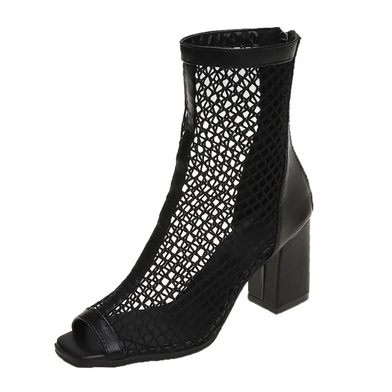 KNCOKAR  The new crystal and sexy fashionable fish mouth is transparent thick and high heel mesh female cool boots