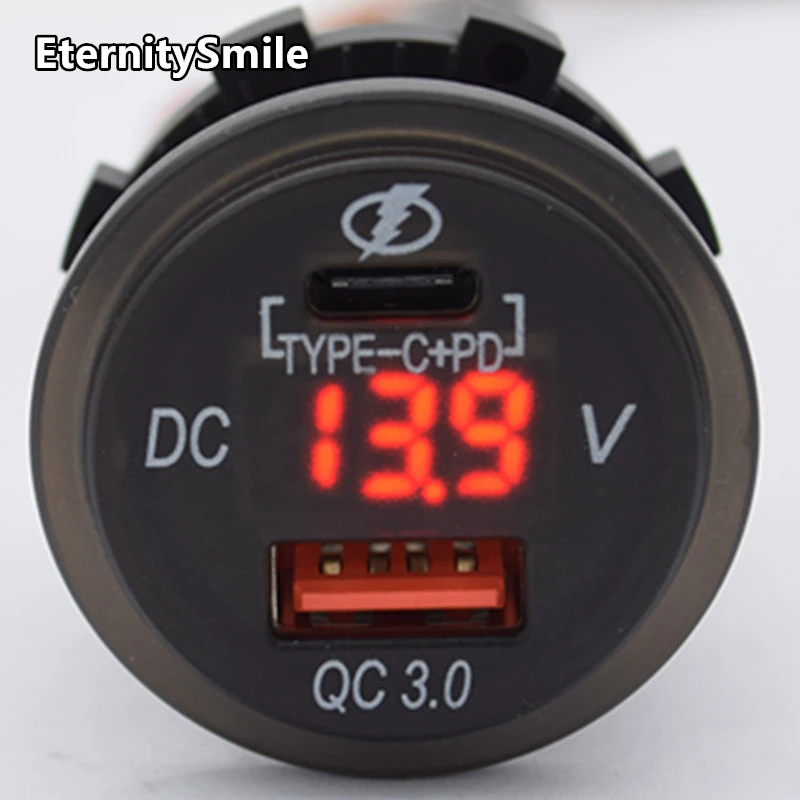 X Dual Power Charging Socket USB QC3.0 Socket + Type-C PD Fast Charging Socket with LCD screen Digital Voltmeter 12-24V