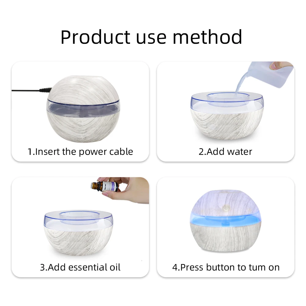 300ml 스마트 터치 제어 가습기 디퓨저, 7색 LED 무드등, USB 전원 쿨 미스트 (가정, 사무실, 요가용)