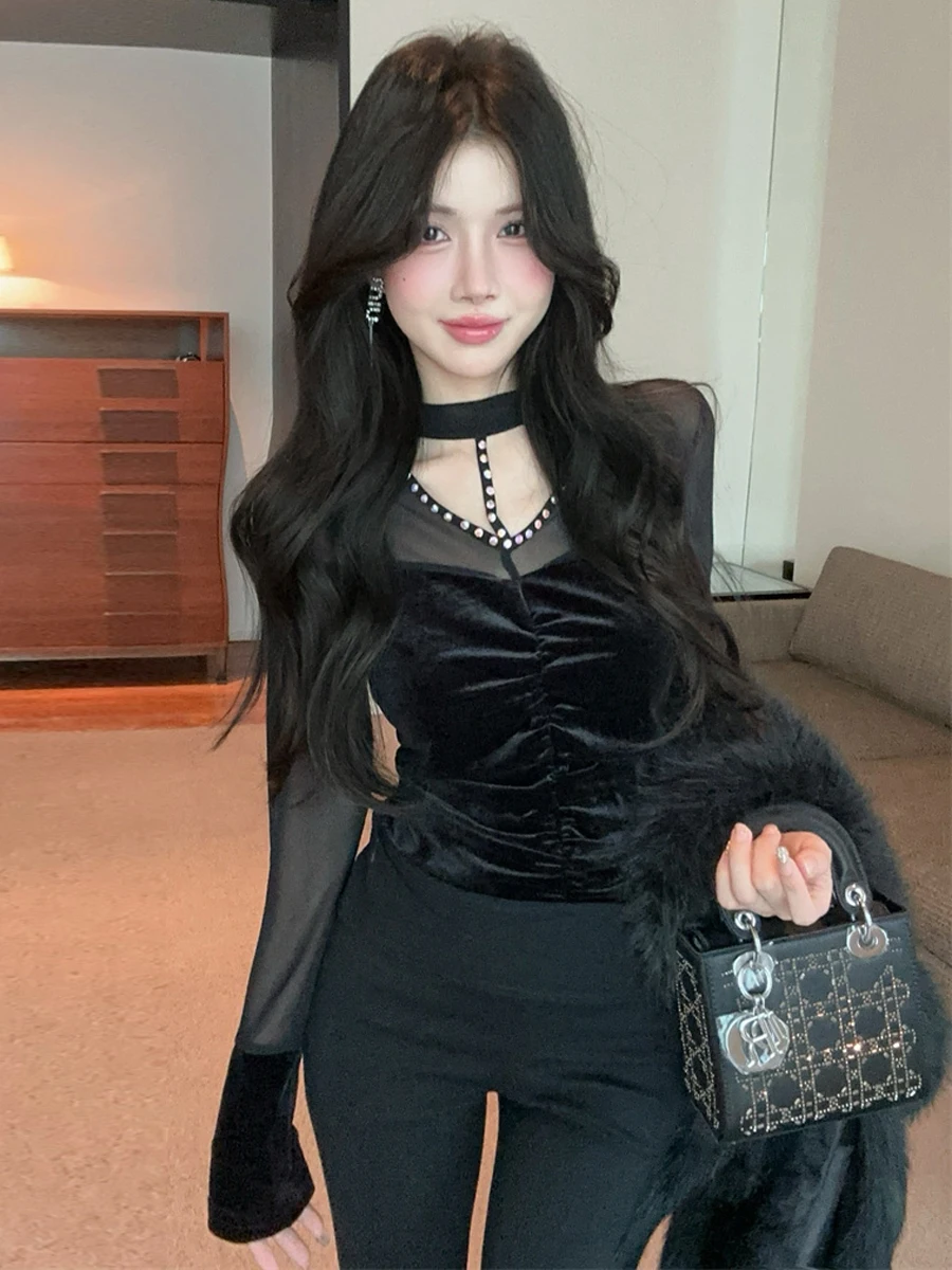 Sexy High-End Design Diamond-Embedded Mesh Velvet V-Neck Pleated Waist-Cinching Long Sleeve Short Top Women's Citywalk T-shirt