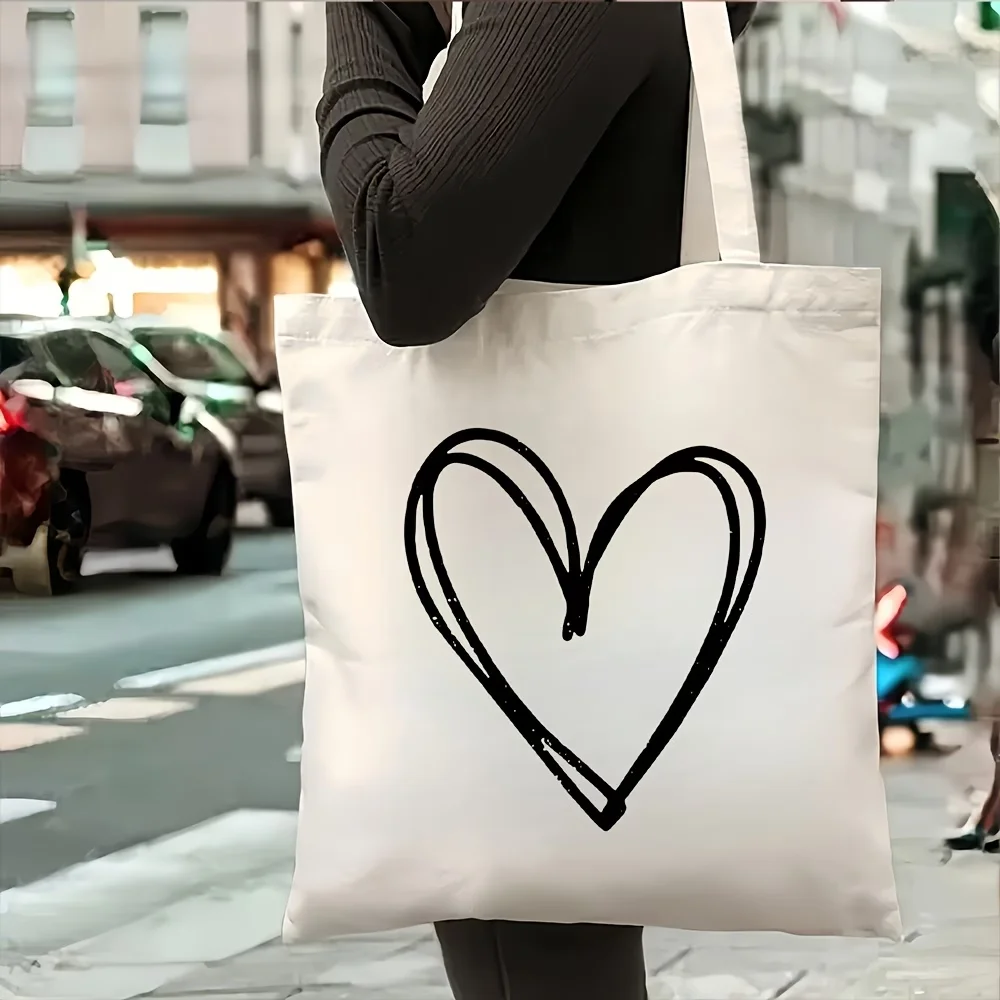 1pc Black Double Line Heart Sketch Canvas Tote Shopping Bag,