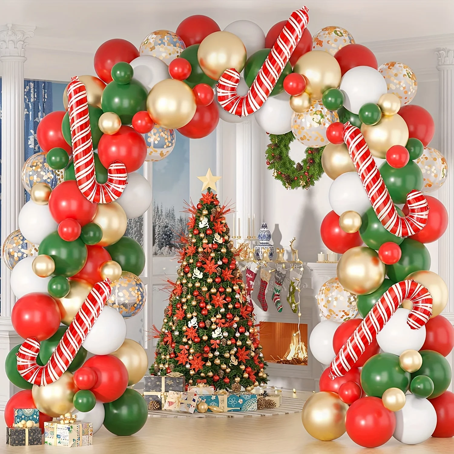 

Christmas Red and Green Arch Wreath Balloon Chain Christmas Crutch Christmas Eve themed party scene Decoration