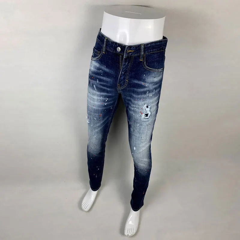 Newly Designer Fashion Men Jeans High Quality Retro Blue Stretch Slim Fit Ripped Jeans Men Vintage Trousers Brand Pants Hombre