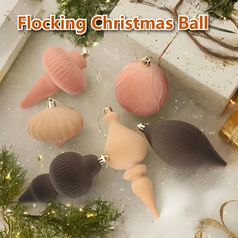 6pcs Special Shape Christmas Ball Ornaments Flocking Christmas Tree Party Decoration Set Christmas Spheres Pendant 2025 New