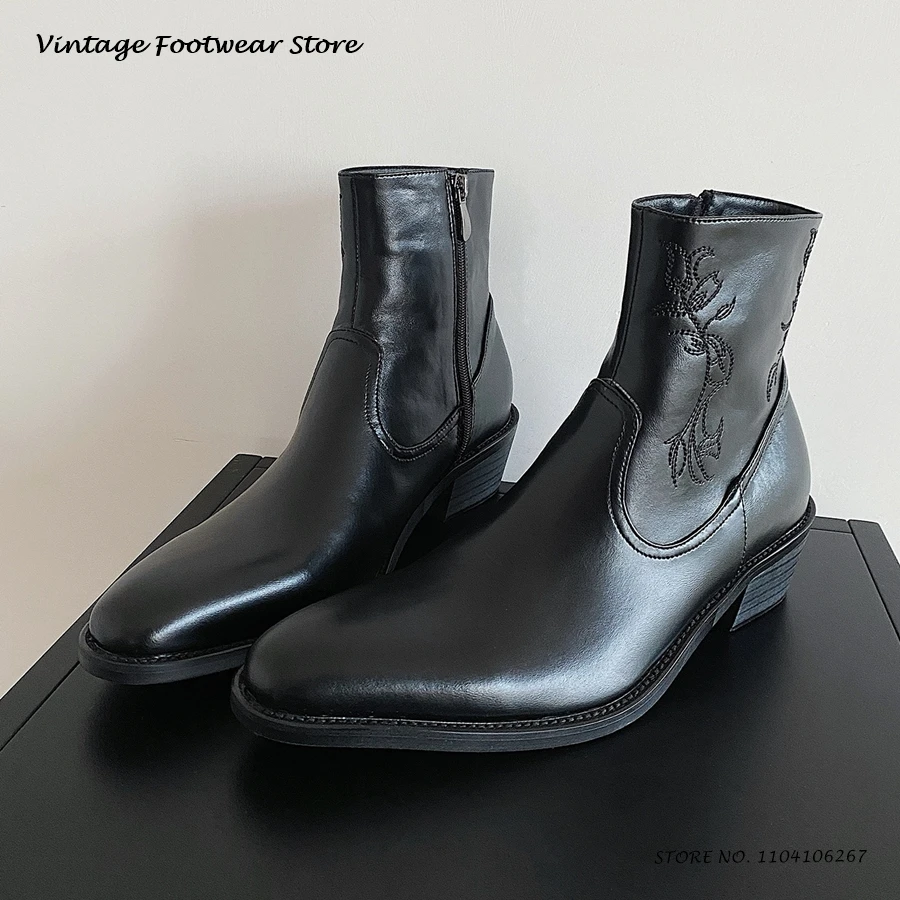 

Unisex Black Embroidery Chelsea Boots Vintage Pointed Toe Chunky Heel Casual Shoes Women's British Style Side Zipper Booties