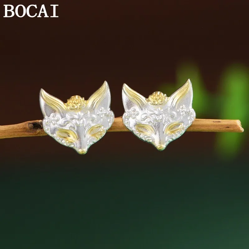 BOCAI S999 Pure Silver Jewelry Niche Luxury Gold Stroke Fox Head Earrings Women's Selected Gift