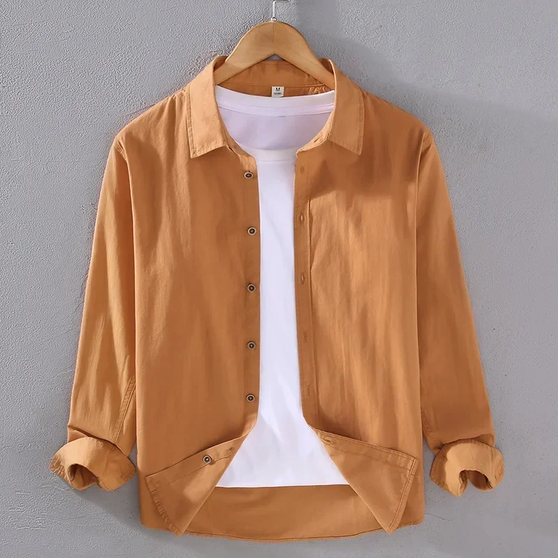 

Spring Summer Man Shirts Long Sleeve Pure Cotton Top Japanese Lapel Casual Green Shirt Versatile Shirt Men Daily Comfort Clothes