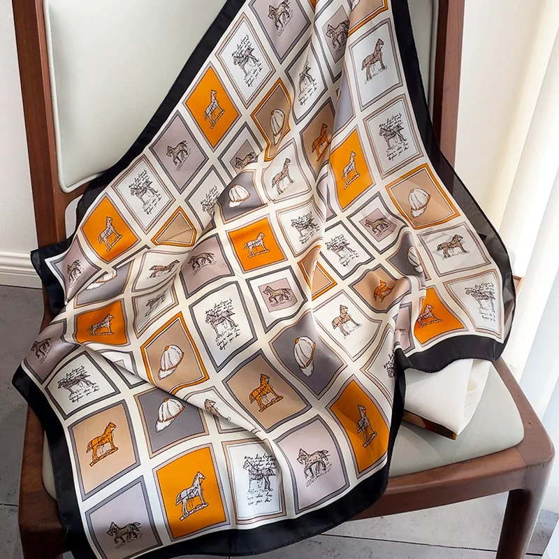 Luxury Horse Print Square Scarf Soft Satin Imitation Silk Scarves For Women Bandanas Hijab Neckerchief Elegant Shawl Wraps view 6