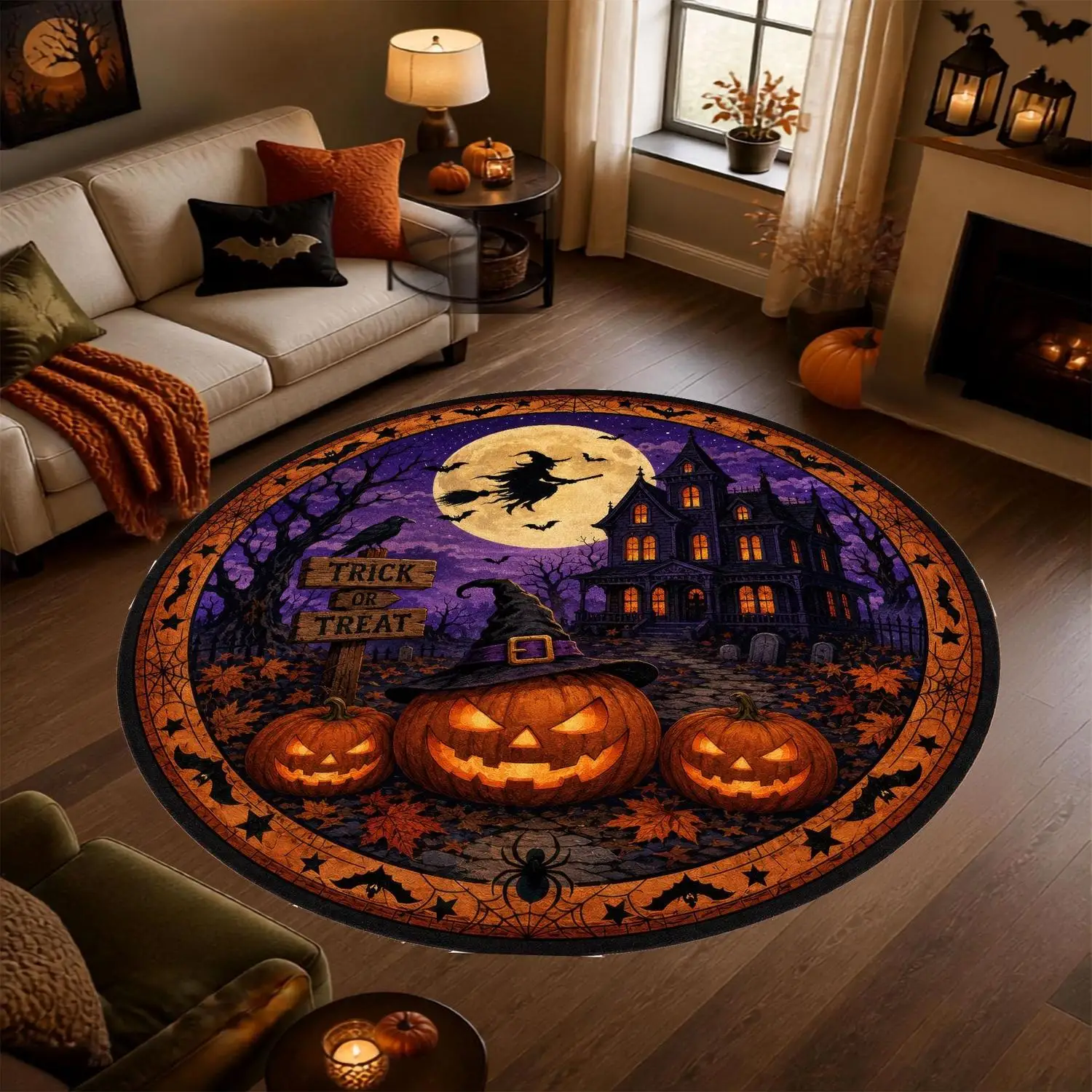 Vintage Halloween Themed Round Rug Non Slip Floor Carpet Black Cat Pumpkin Ghost Haunted House Decor Mat Living Room Indoor Home