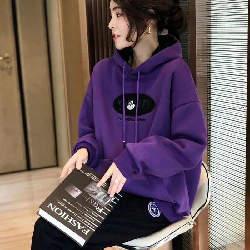 2023 Spring  Autumn New Loose Korean Long Sleeve Purple Popular Hooded Loose Casual Office Lady Leisure Sweater Women\'s Wear