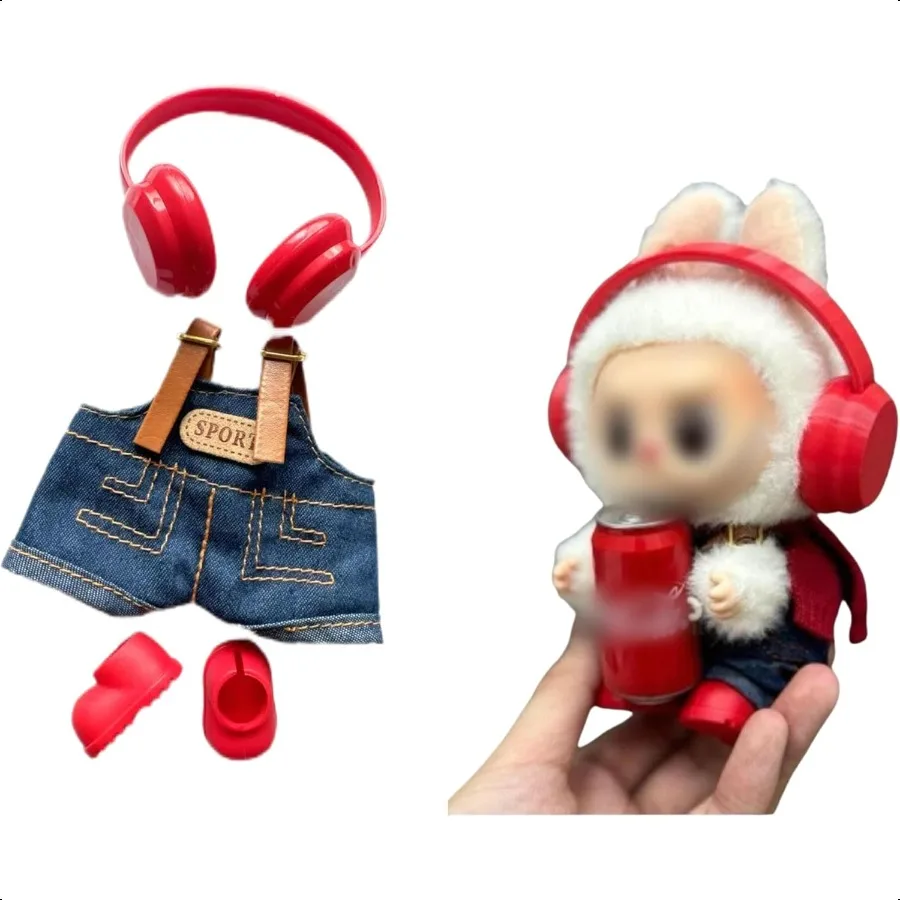 

for Labubu 17cm Doll Clothes Set Official Style 3Piece Outfit Straps Pants+Headphones+Shoes Cute Streetwear for Labubu Dolls 6.
