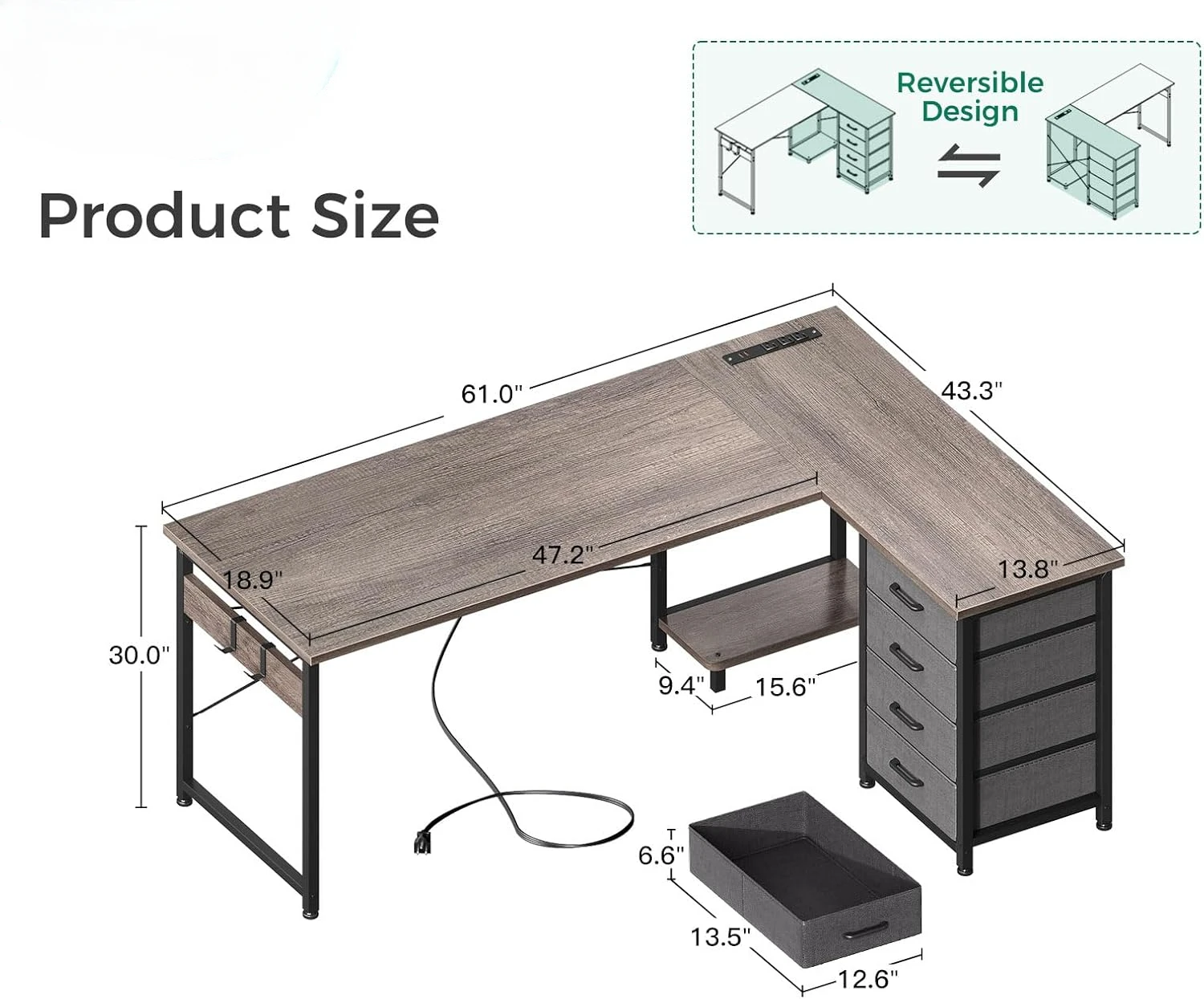 Mesa de jogos Umail-L, mesa do computador, 4 gavetas, 61 "reversível, com saídas de energia