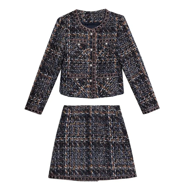 Single-Breasted Chic Tweed Coat+Skirt Women\'s Suit Spring Autumn New Korean Oversize 5XL Loose Plaid Skirt Two-Piece Suit