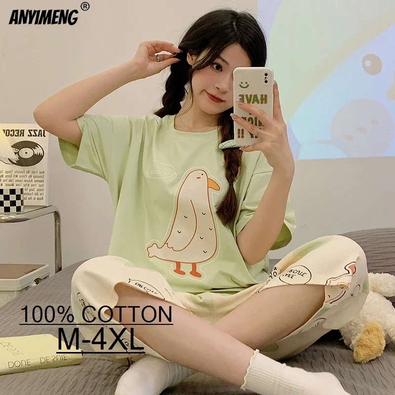 100% Cotton M-4XL Women Pajamas Set Summer Sleepwear Short Sleeve Knee-length Pants Nightwear Capris Loungewear Cartoon Pijama