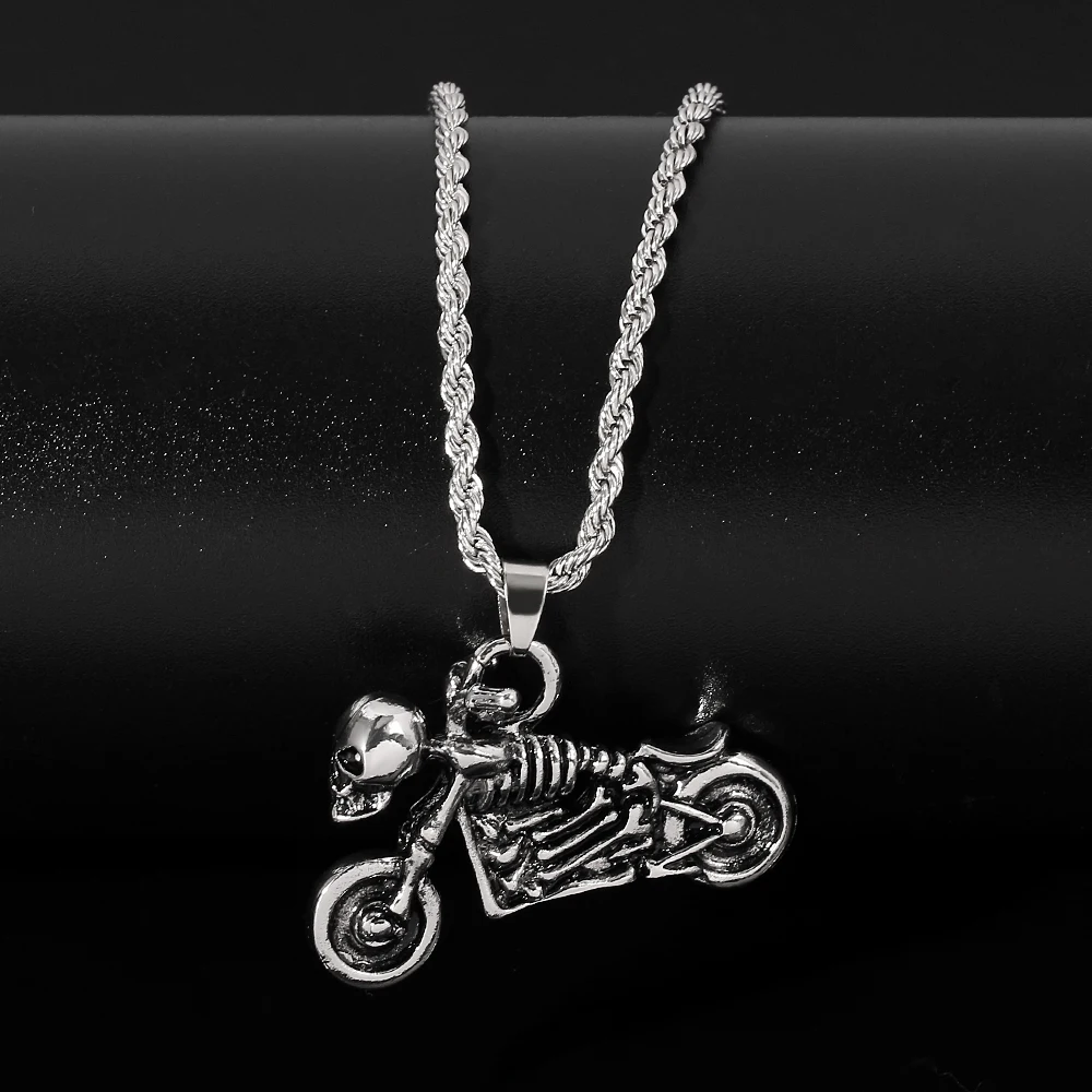 Retro Hip Hop Skeleton Motorcycle Necklace Fashion Punk Style Pendant Clothing Jewelry for Men Personality Accessories view 4