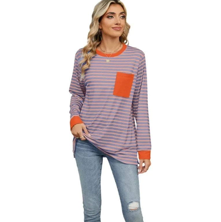 

Women's Vintage Striped Pullover Long Sleeve T-Shirt with Pocket Loose Fit Casual Top for Spring Daily Commuting