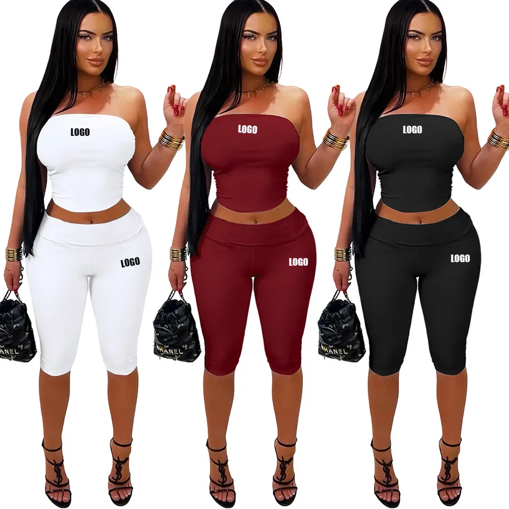 Customized LOGO women's spring and summer sexy slim fit comfortable tube top double layer seven-point shorts two-piece set