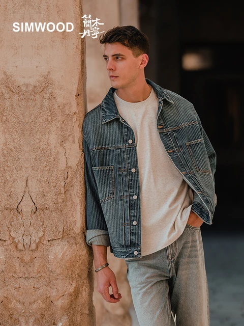 SIMWOOD 2024 Autumn New Oversize Short Length Vertical Striped Denim Jackets Men Chore Coats Cargo 100 Cotton Outwear AliExpress