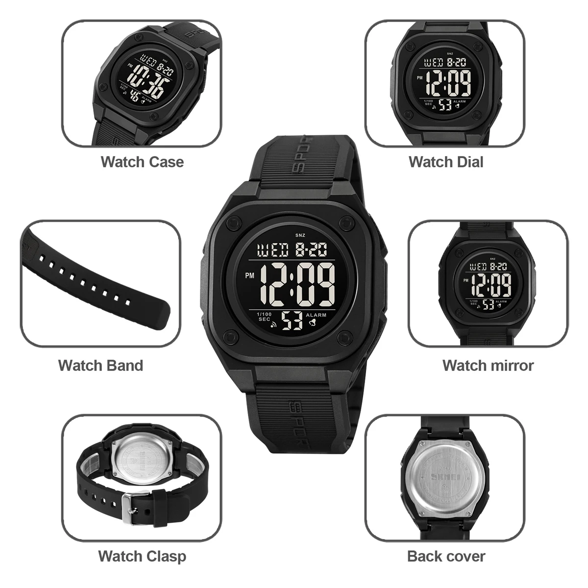 SKMEI Orologio elettronico casual Cronometro Data Settimana 5Bar Orologio da polso impermeabile Conto alla rovescia a luce LED Digitale per uomo Donna Orologi