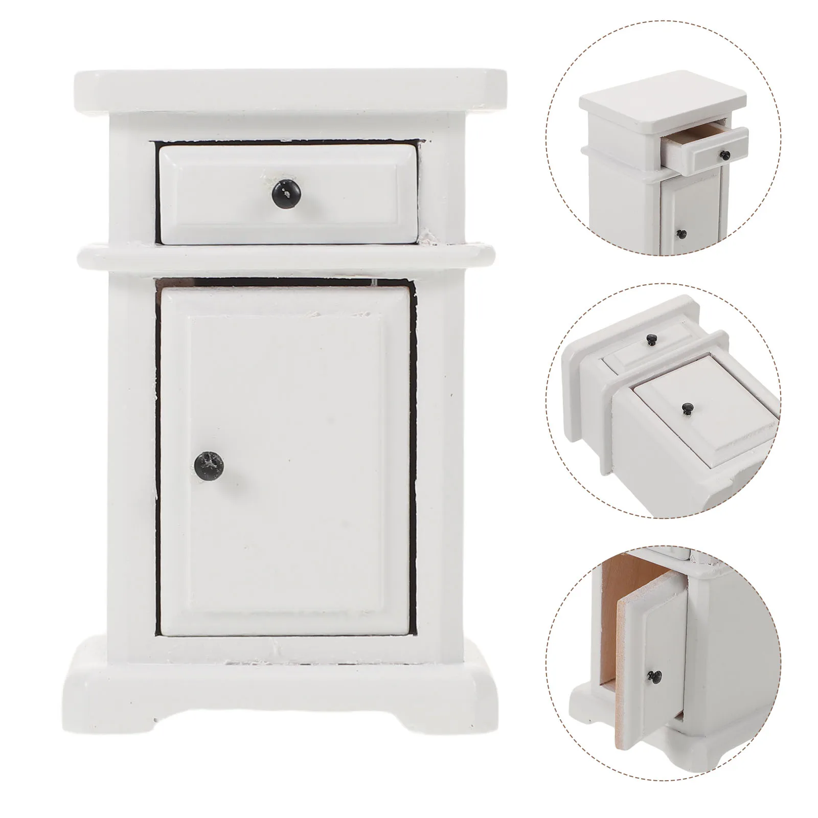 Mini muebles para casa de muñecas, mesita de noche, decoraciones en miniatura para dormitorio, mesas auxiliares, armario lateral de juguete blanco para juego de imitación