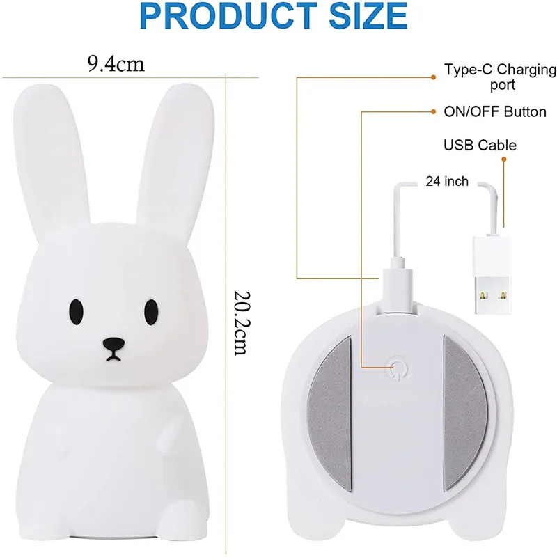 New LED Rabbit Night Light Bedroom Lamp Touch Sensor Silicone Animal Rechargeable Lights Lantern  Cute Gift For Kids Children