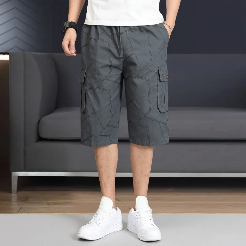 Men\'s Striped Summer Geometric Pattern Printed Button Pockets with Elastic High Waisted Loose Sportswear Trousers Vintage Shorts