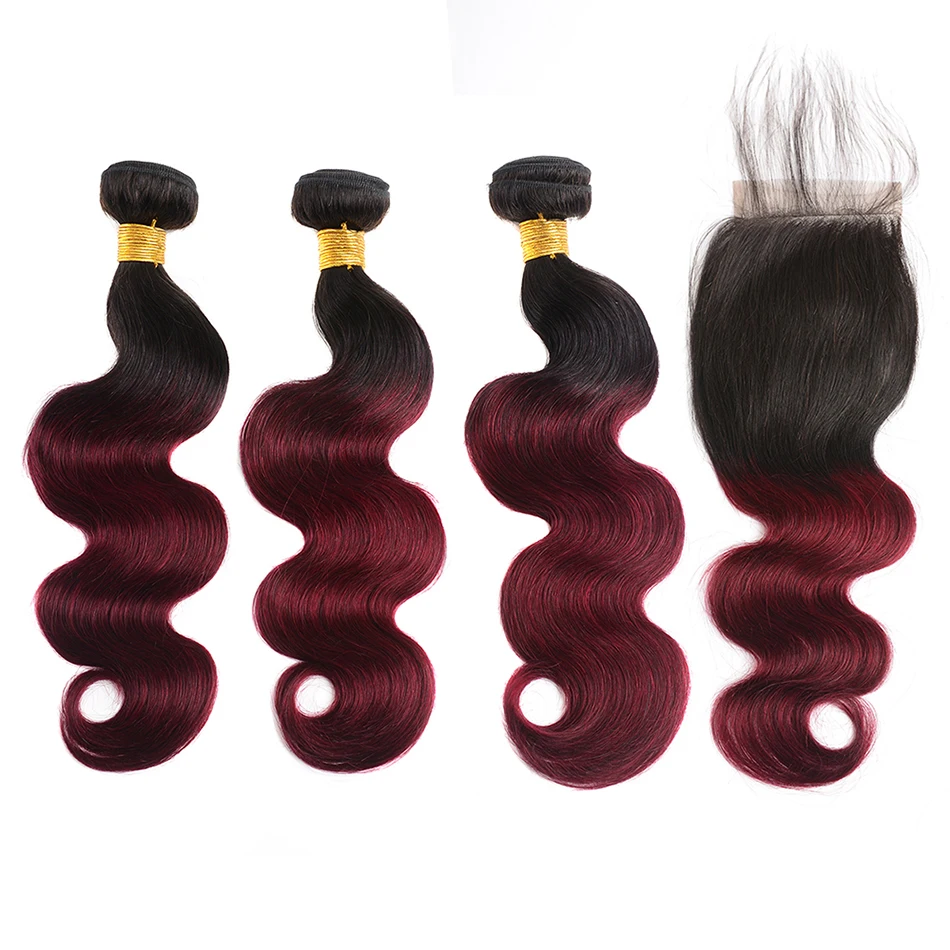 100% شعر بشري لعذراء الجسم موجة 2/3 حزم مع HD الدانتيل إغلاق أومبير البيانو اللون نطاط الجسم موجة مع إغلاق الدانتيل الحرة 4X4