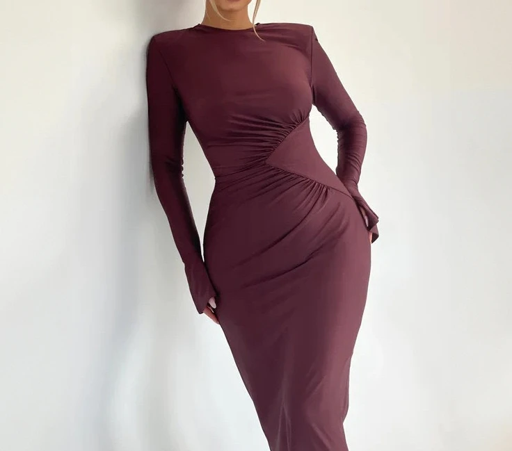 

Solid round neck right angle shoulder flared sleeves pleated slim fit buttocks wrapped women's dress