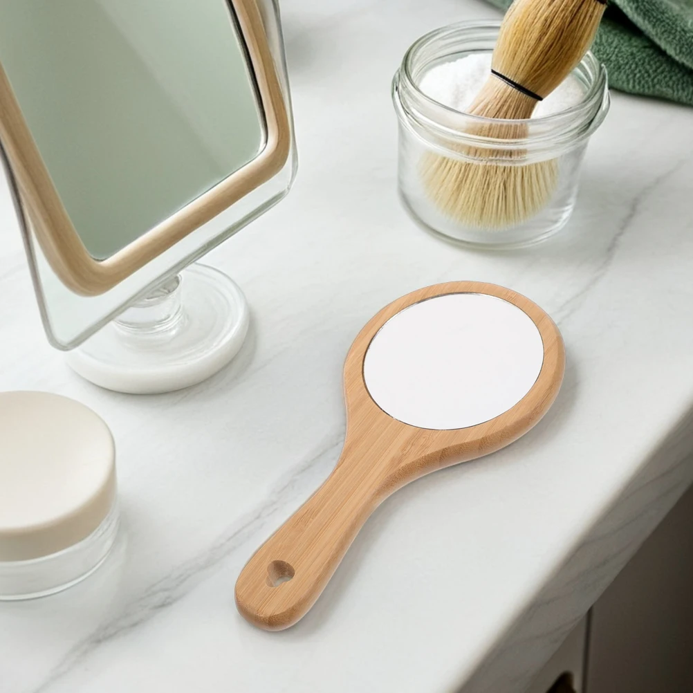 

2Pcs Wooden Handheld Makeup Mirror Light Brown Portable Mirror for Bathroom Salon Travel Vanity Beauty