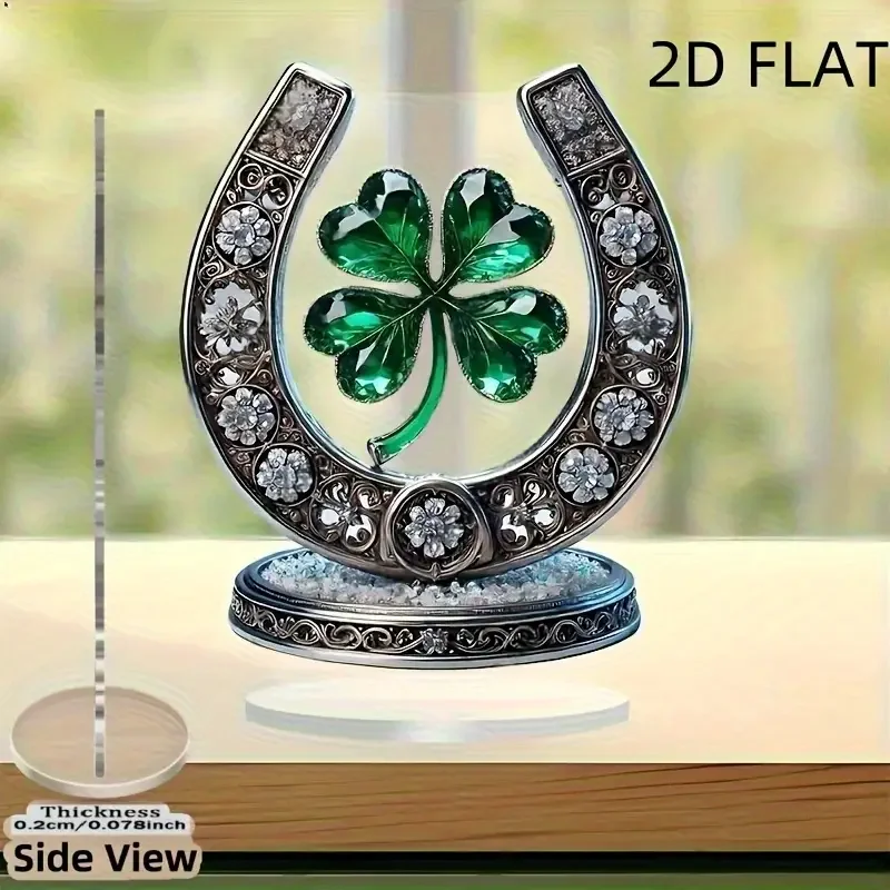 Herradura y trébol de la suerte de cristal, decoración plana 2D con hermoso patrón Floral para decoración del hogar de escritorio, regalo de vacaciones Ideal