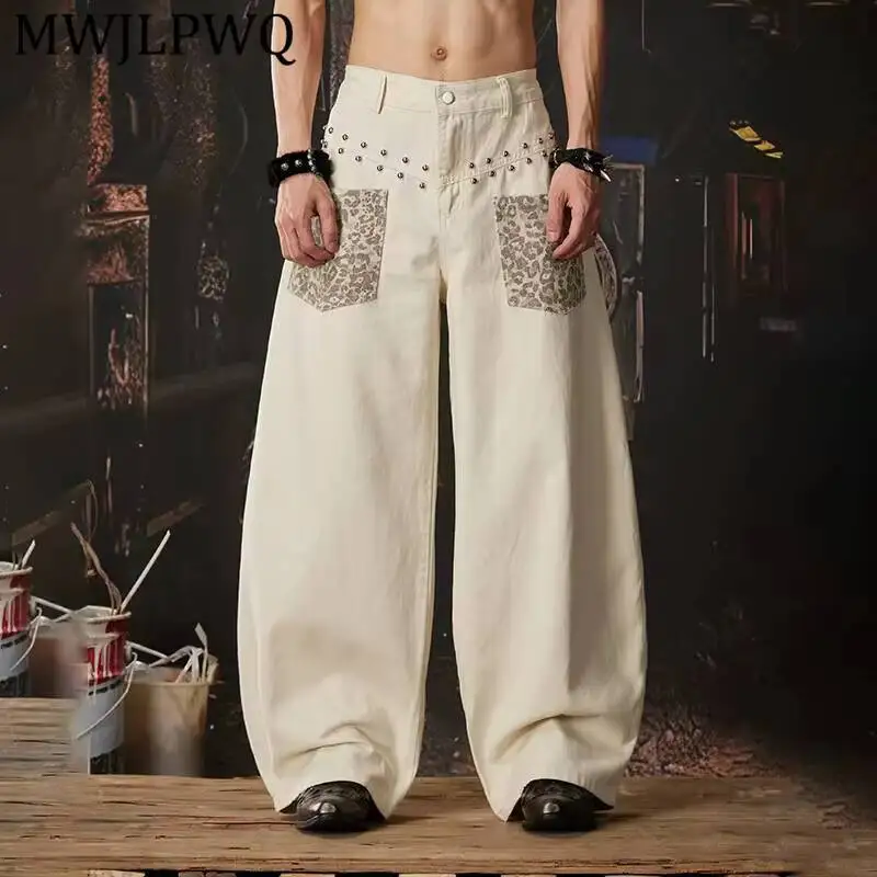 MWJLPWQ Spring Autumn New Y2K Leopard Print Patchwork Rivet Jeans Men's Dark Wide-leg Curved Pants Loose Trousers Trendy 14910