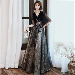 Black Evening Dress V-neck Velour Sequins Bling Tulle Half Sleeves A-line Floor-length Plus size Women Formal Party Dress A101